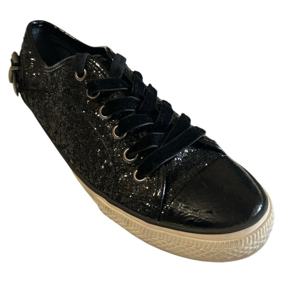 Aldo Womens Sequins Glitter Bling Buckle Black Cap Toe Sneaker EU38 / US 7.5